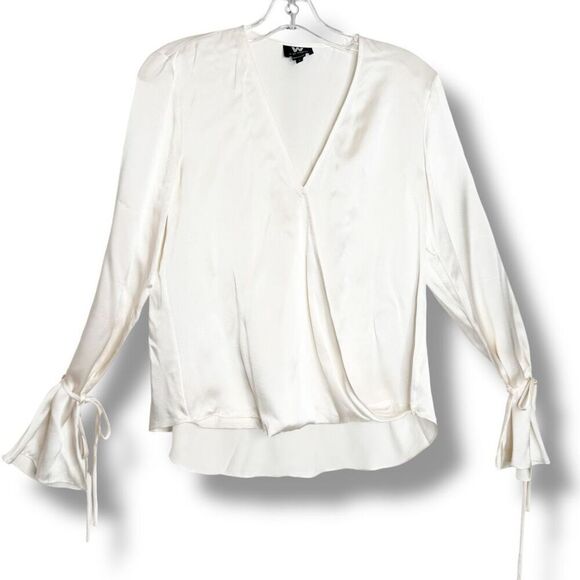 W by Worth 100% Silk Cream Faux Wrap V-Neck Blouse Bell Tie Sleeves Women’s 4 - Picture 2 of 7